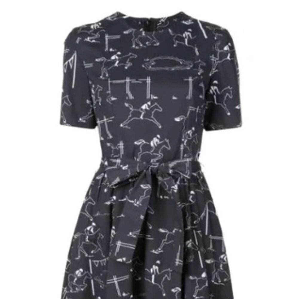 Carolina Herrera Black and White Equestrian Print Tie-Waist Midi Dress
